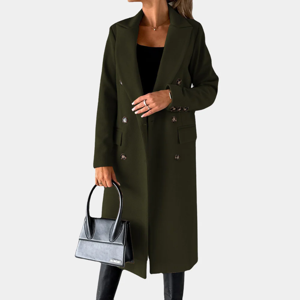 Women's wool-feel tailored coat double-breasted notched lapel classic long silhouette for modern style