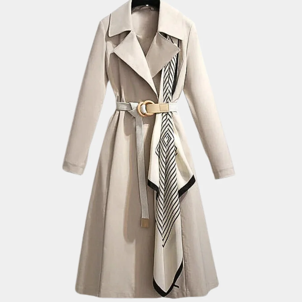 Women's full-length camel trench coat tailored fit belted waist structured cotton blend versatile