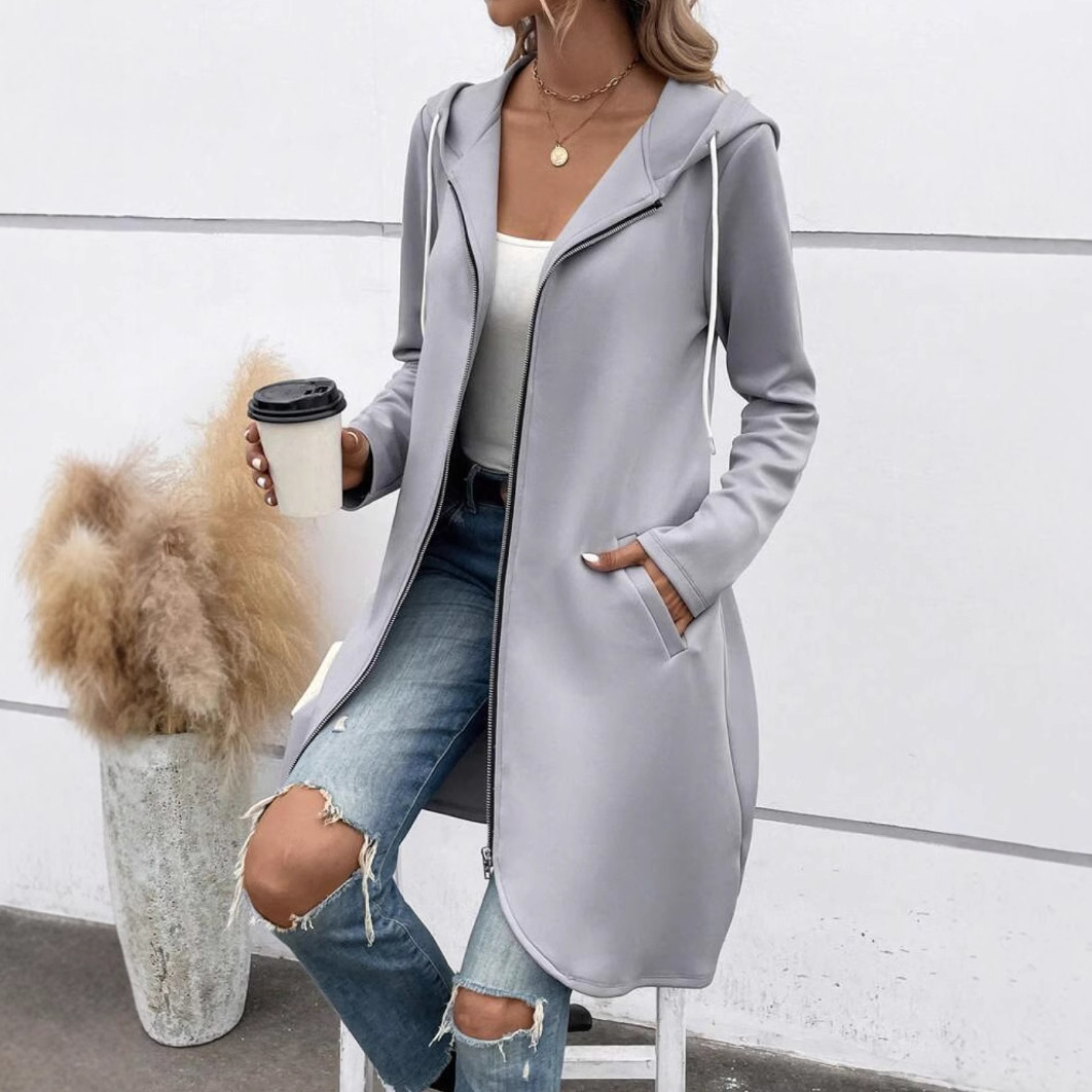 Women's longline full-zip hoodie sweatshirt cozy fleece relaxed fit with side pockets