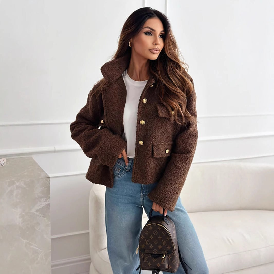 Women's faux-shearling knit jacket relaxed fit hip-length collared metallic button closure
