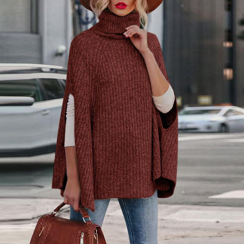 Women's wool blend knit cape loose fit high neck arm slit cozy luxe layer neutral tones