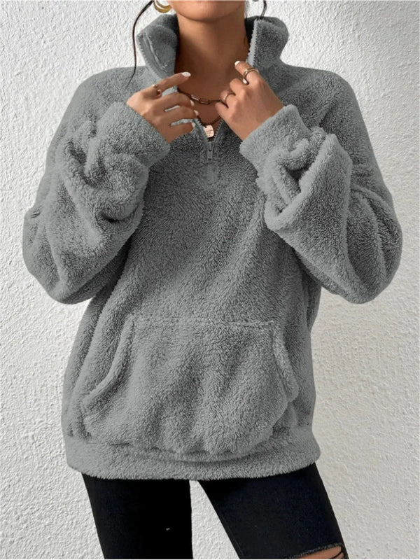 Women's plush fleece sweatshirt relaxed fit stand collar zip front kangaroo pocket cozy casual layer