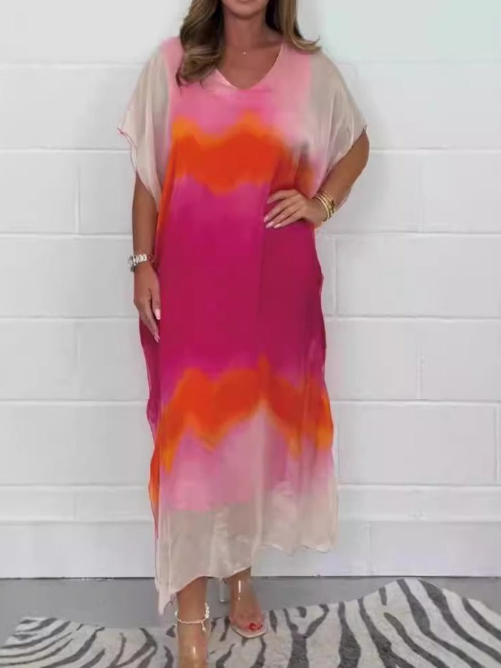 Women's ombre maxi dress airy V-neck short sleeves gradient summer chic floor-length silhouette