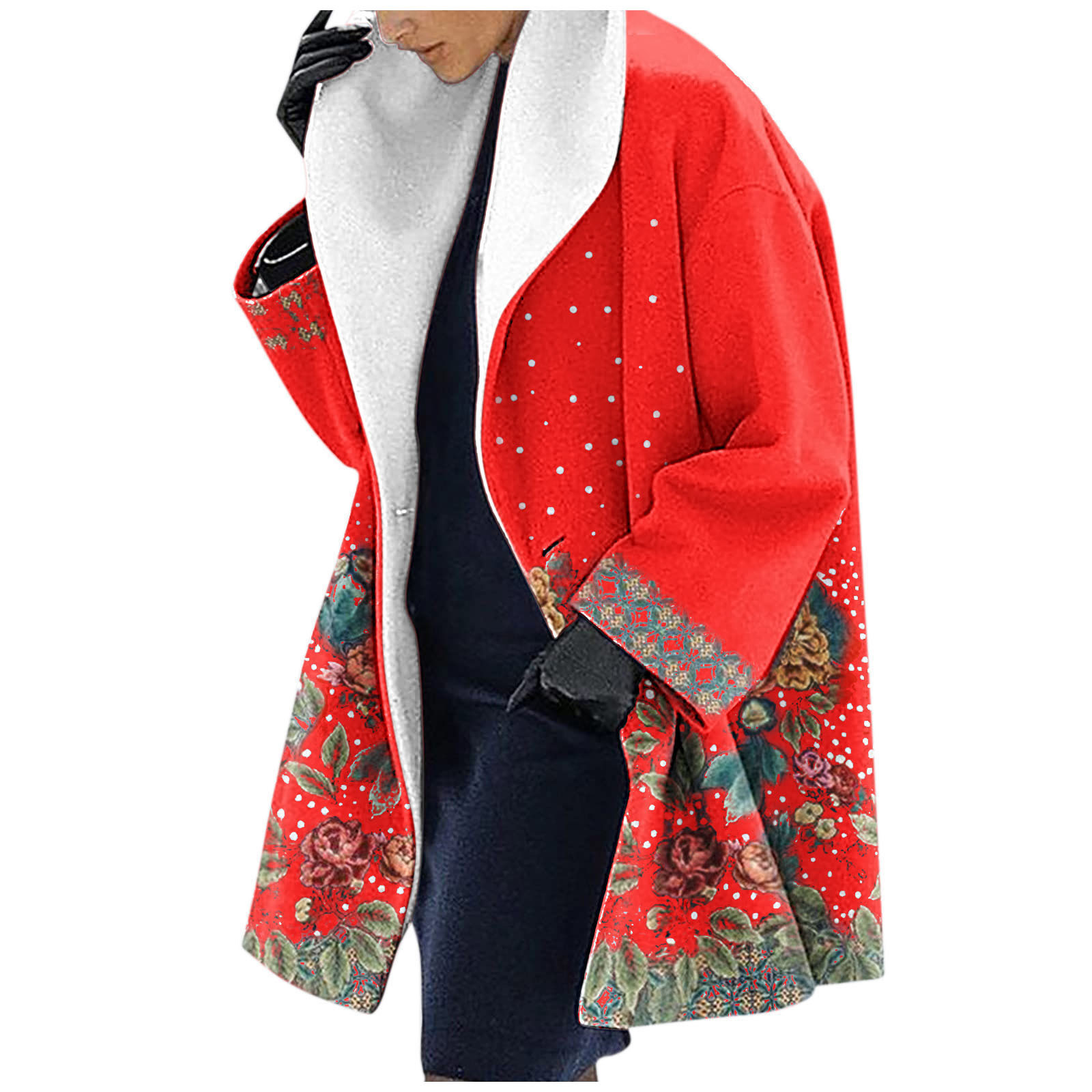 Women's wool blend hooded coat with ethnic floral print, mid-length relaxed fit for autumn