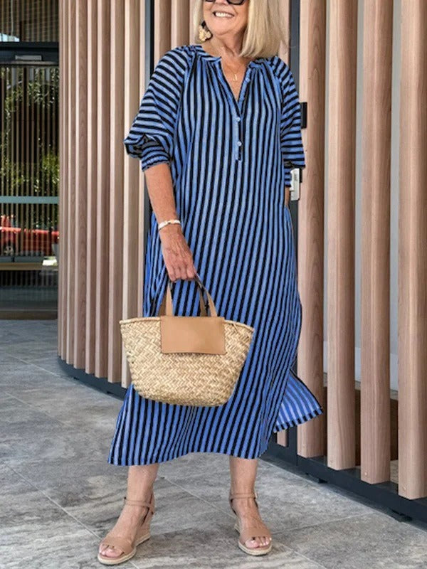 Women's lightweight cotton striped midi dress, V-neck loose fit, breathable summer comfort