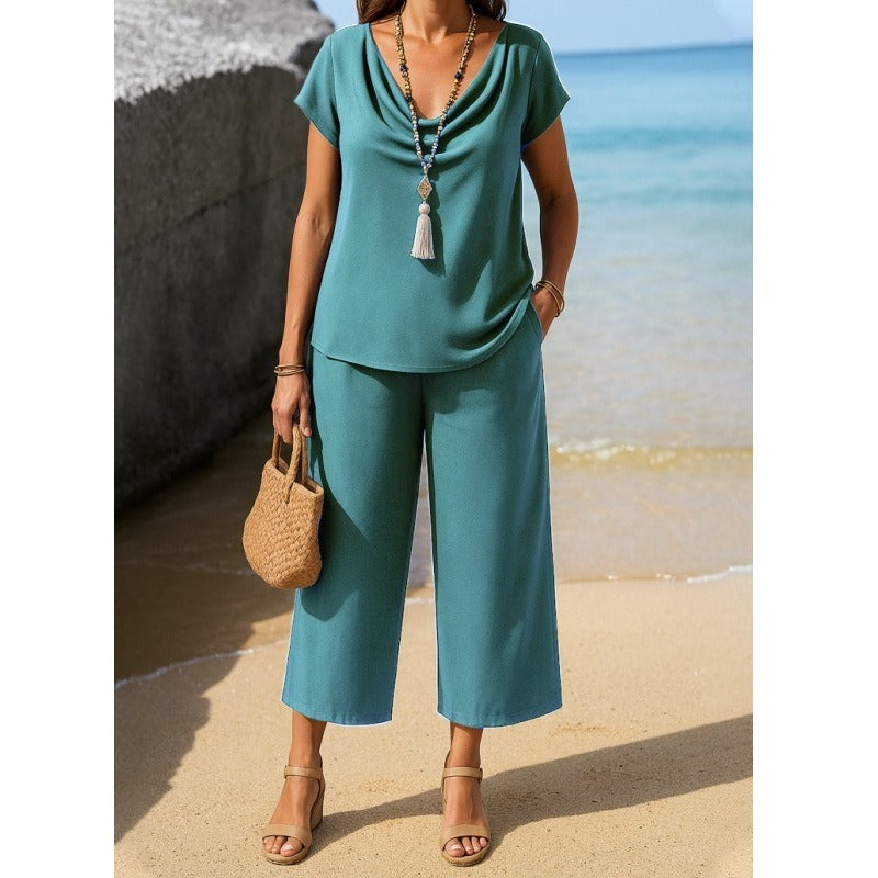 Women's soft knit two-piece set with pile collar pullover and wide-leg cropped pants relaxed fit