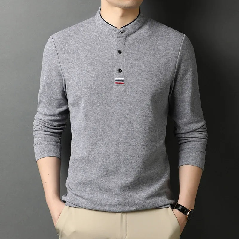 Men's regular fit long sleeve tee, stand collar with buttons, soft breathable fabric for daily wear