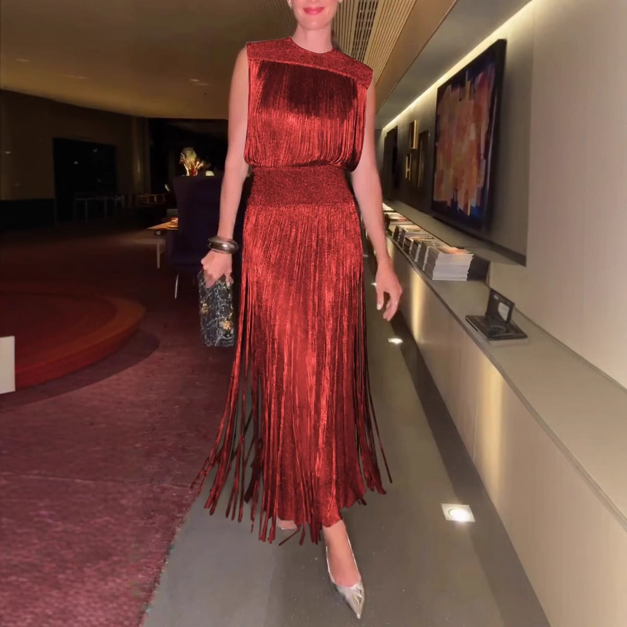 Sleeveless midi dress with fringe hem, silky elegant fit, versatile day-to-night women's fashion style