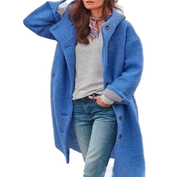 Women full-length wool-blend hooded coat oversized fit button front autumn winter casual style