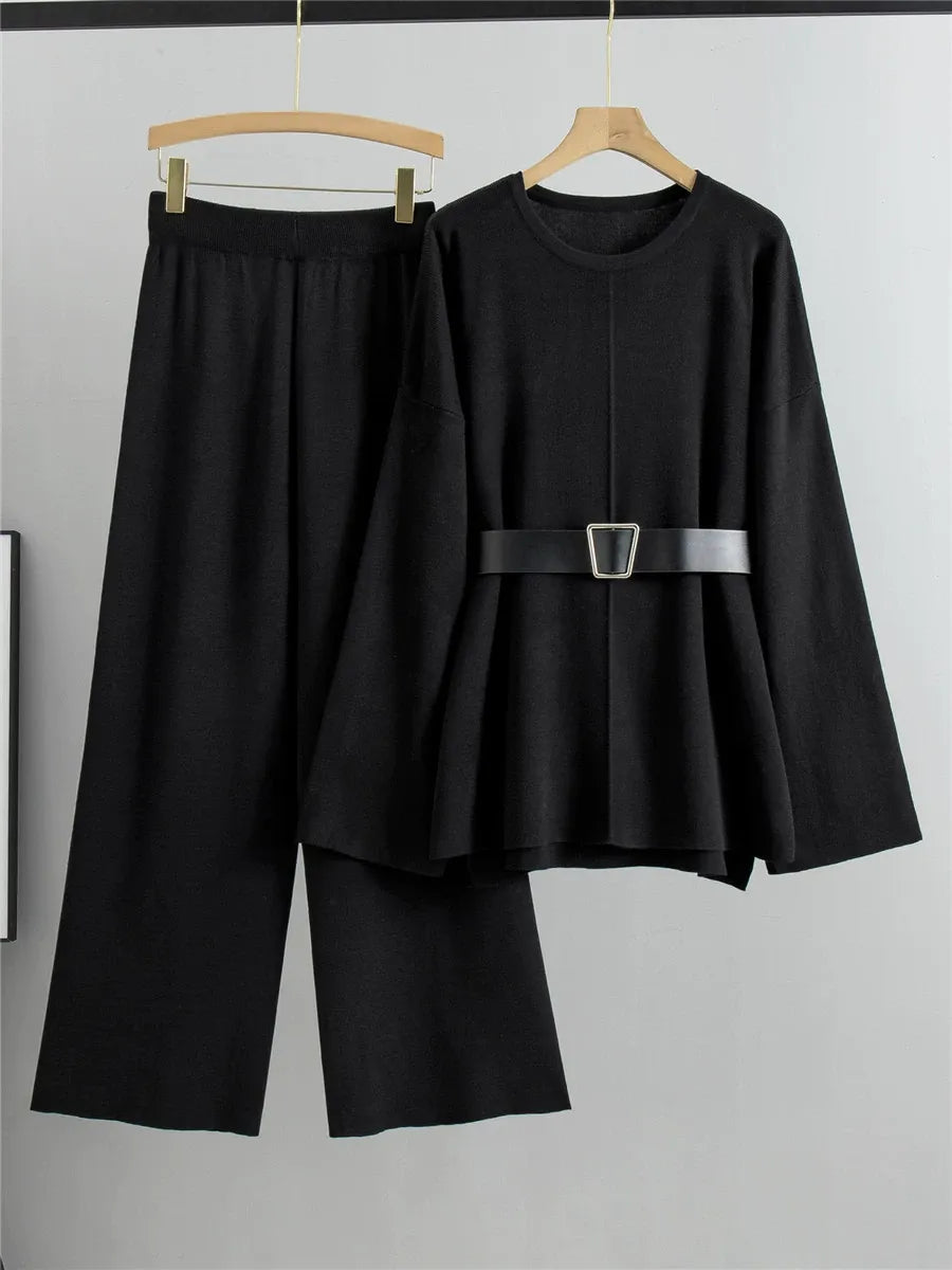 Women's knit two-piece suit set with flared sleeves and high-waist wide-leg pants
