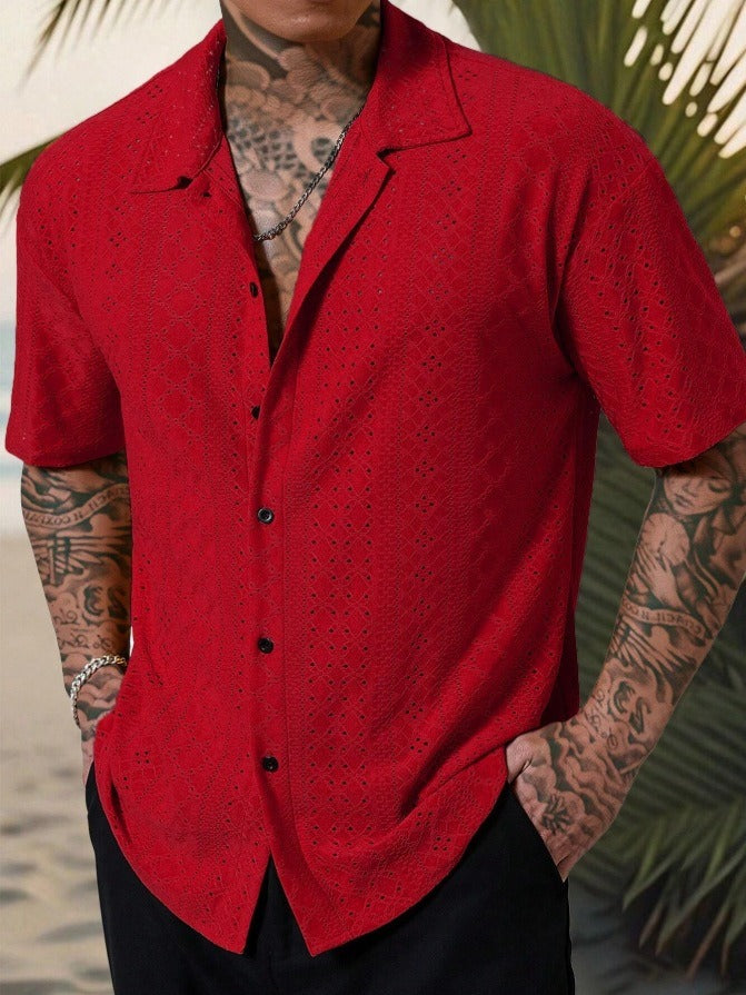 Men's short sleeve breathable jacquard shirt regular fit casual urban style modern design