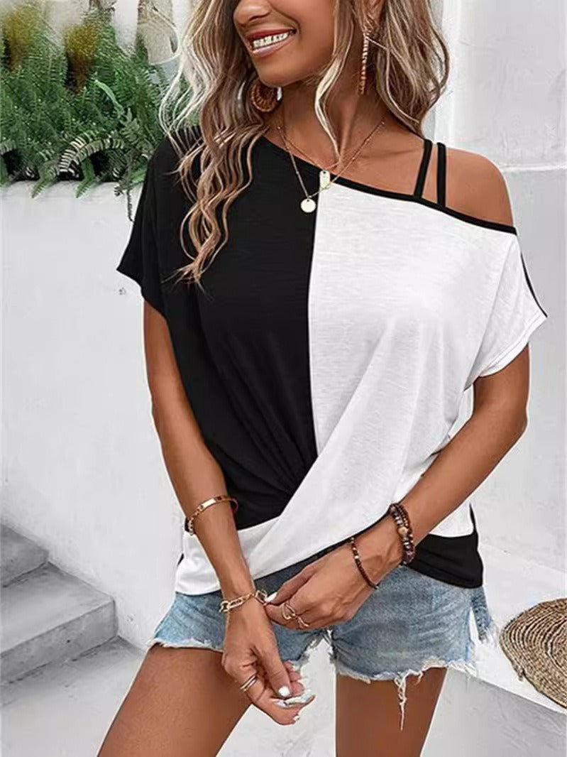 Women's colorblock off-shoulder relaxed fit lightweight breathable casual T-shirt top everyday wear