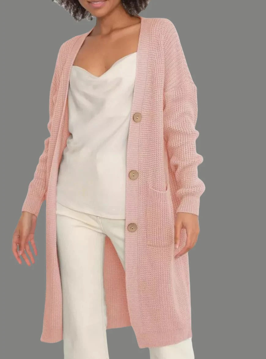 Women's long soft knit cardigan relaxed fit with pockets and button closure for effortless everyday style