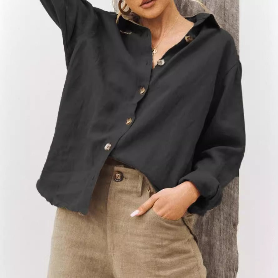 Women's loose fit cotton linen blend long sleeve button front collar shirt breathable everyday comfort