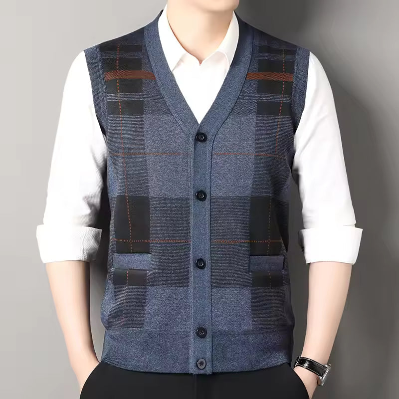 Men's slim-fit wool blend checkered V-neck knitted vest in neutral tones for smart-casual layering