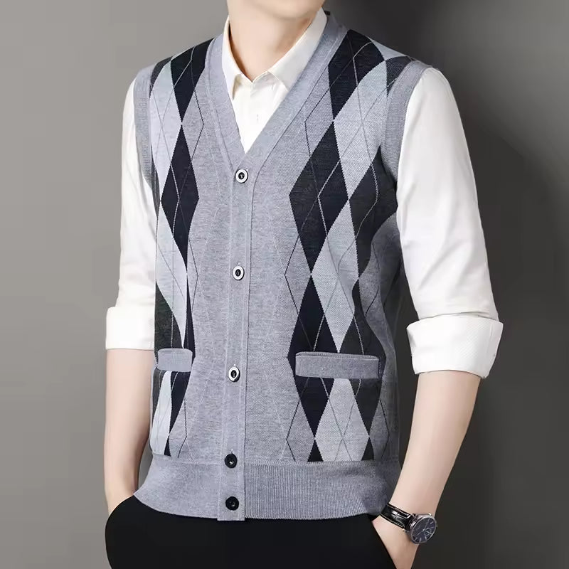 Men's slim-fit wool blend checkered V-neck knitted vest in neutral tones for smart-casual layering