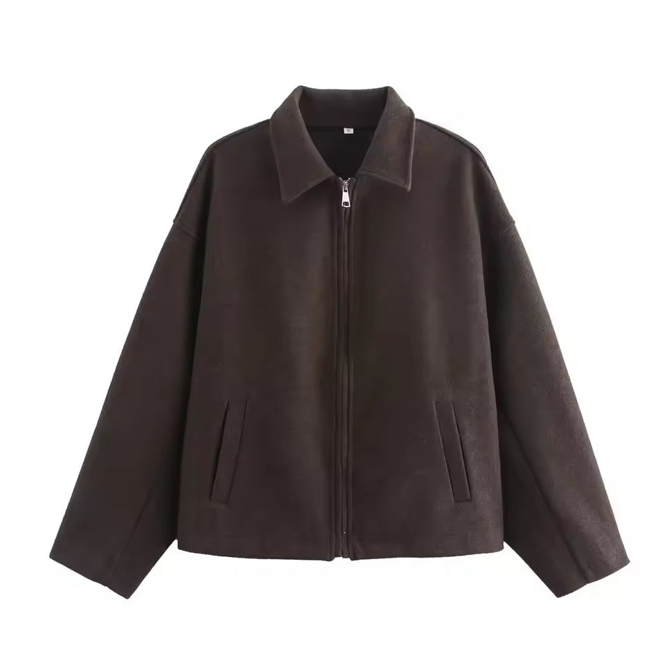 Women wool blend jacket zip front reverse collar hip length loose silhouette everyday elegance