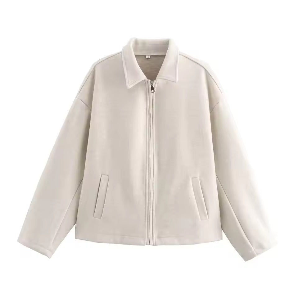 Women wool blend jacket zip front reverse collar hip length loose silhouette fall winter layer