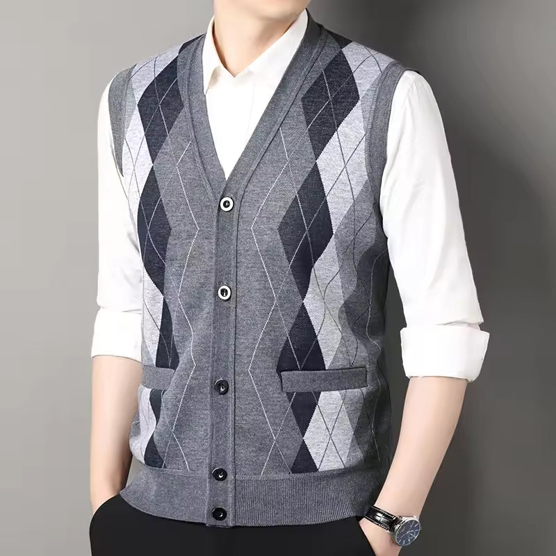 Men's slim-fit wool blend checkered V-neck knitted vest in neutral tones for smart-casual layering