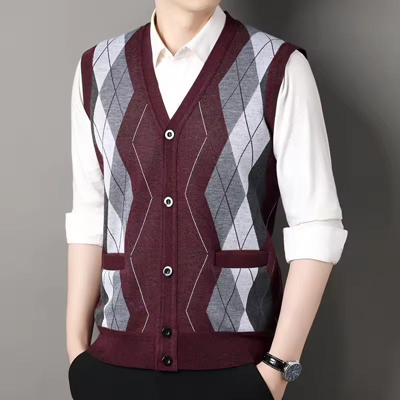 Men's slim-fit wool blend checkered V-neck knitted vest in neutral tones for smart-casual layering