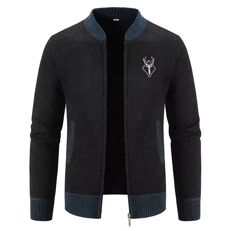 Men's gray wool blend knit sweatshirt relaxed fit with front zip closure for casual layering