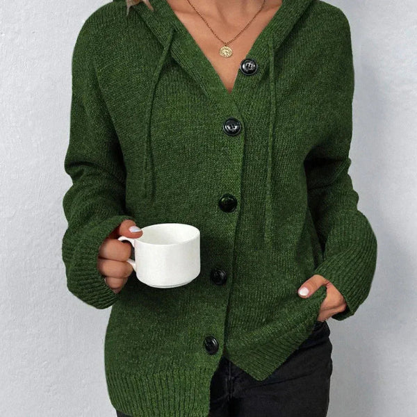 Women's oversized hooded knit cardigan ribbed trim button-front cozy everyday layering style
