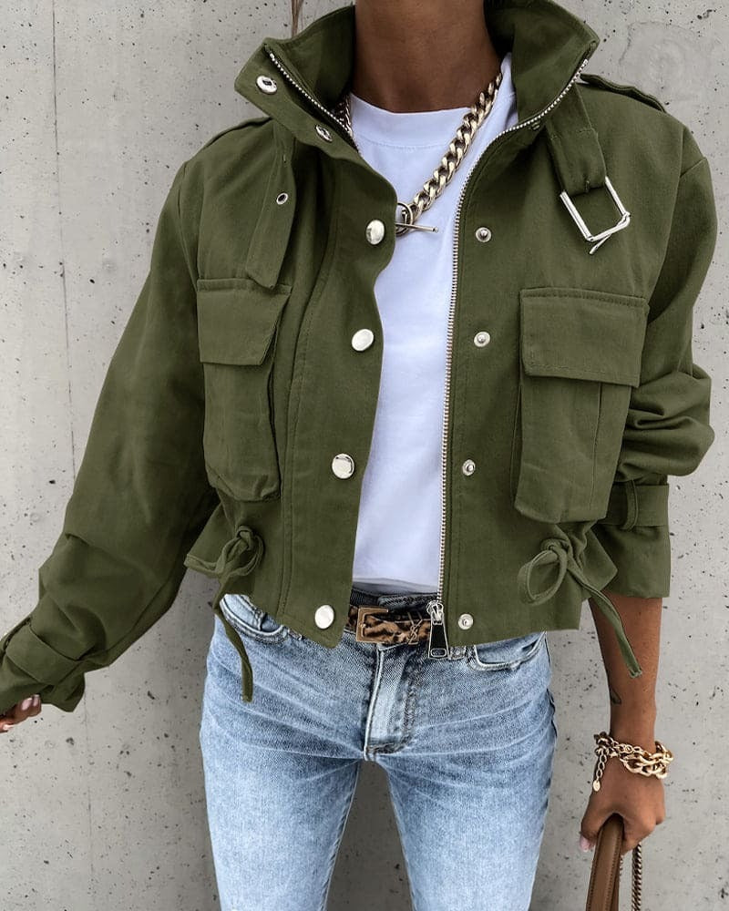 Women's cropped utility jacket with drawstring waist, structured fit, city-ready modern silhouette