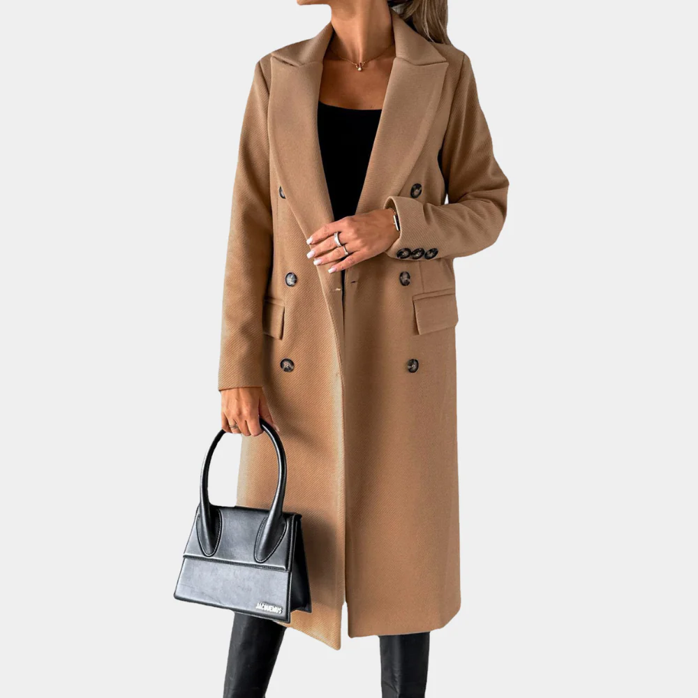 Women's tailored double-breasted wool coat with notched lapel in a classic long silhouette
