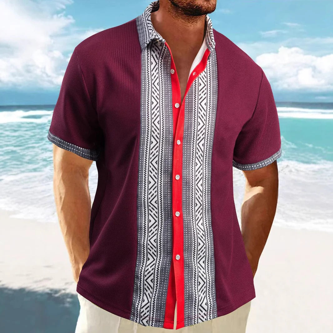 Men's relaxed fit short sleeve cotton shirt with ethnic pattern print, casual summer style