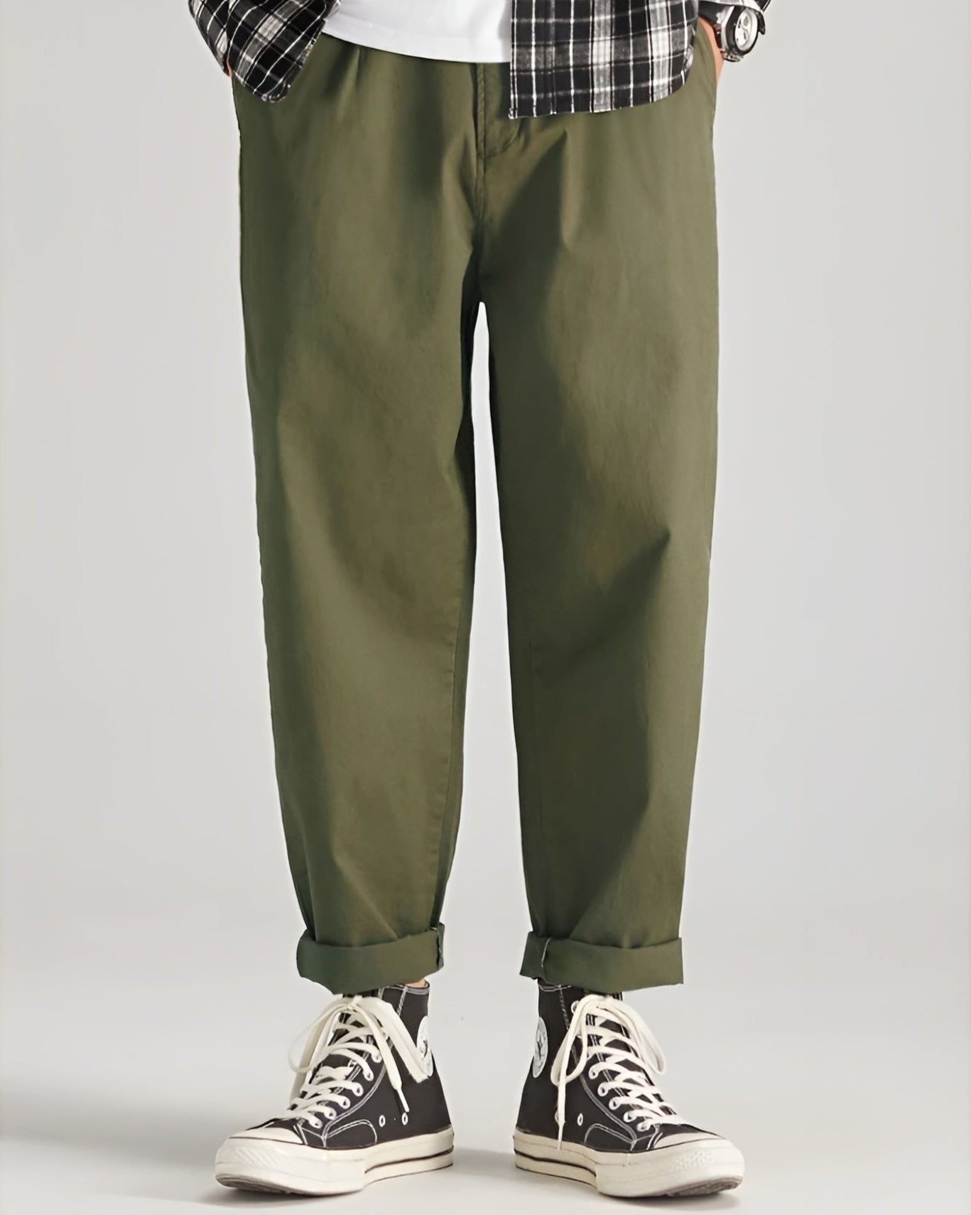 Neutral cropped trousers relaxed straight cut breathable cotton-twill stretch fabric everyday comfort