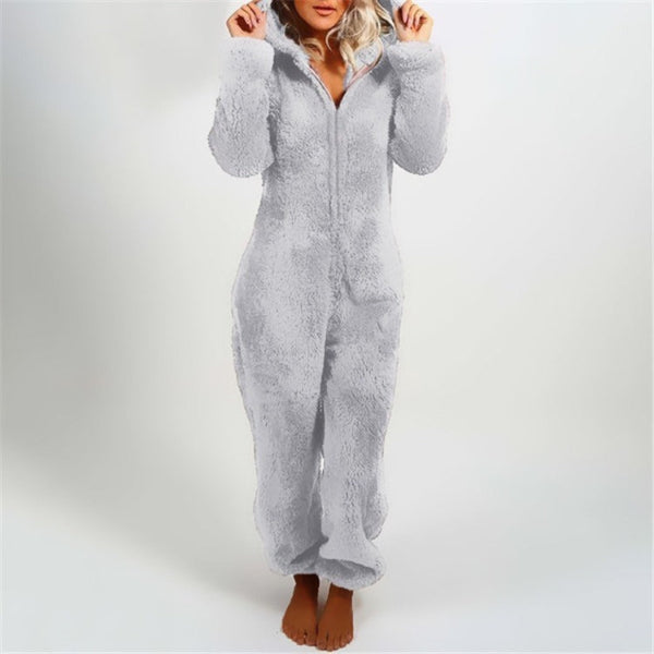 Women's plush fuzzy hooded onesie full-length cozy loungewear relaxed fit fleece sleepwear