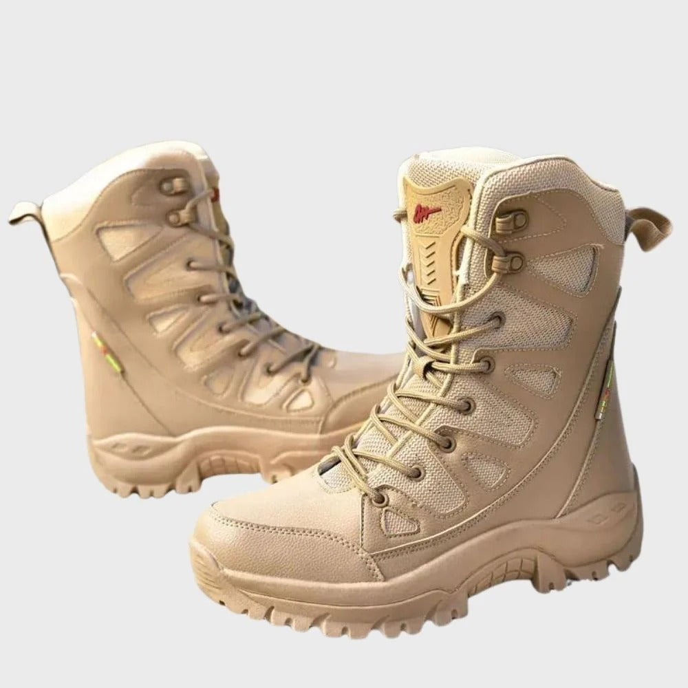 Women's brown leather mesh high-top hiking boots with reinforced toe and ankle support