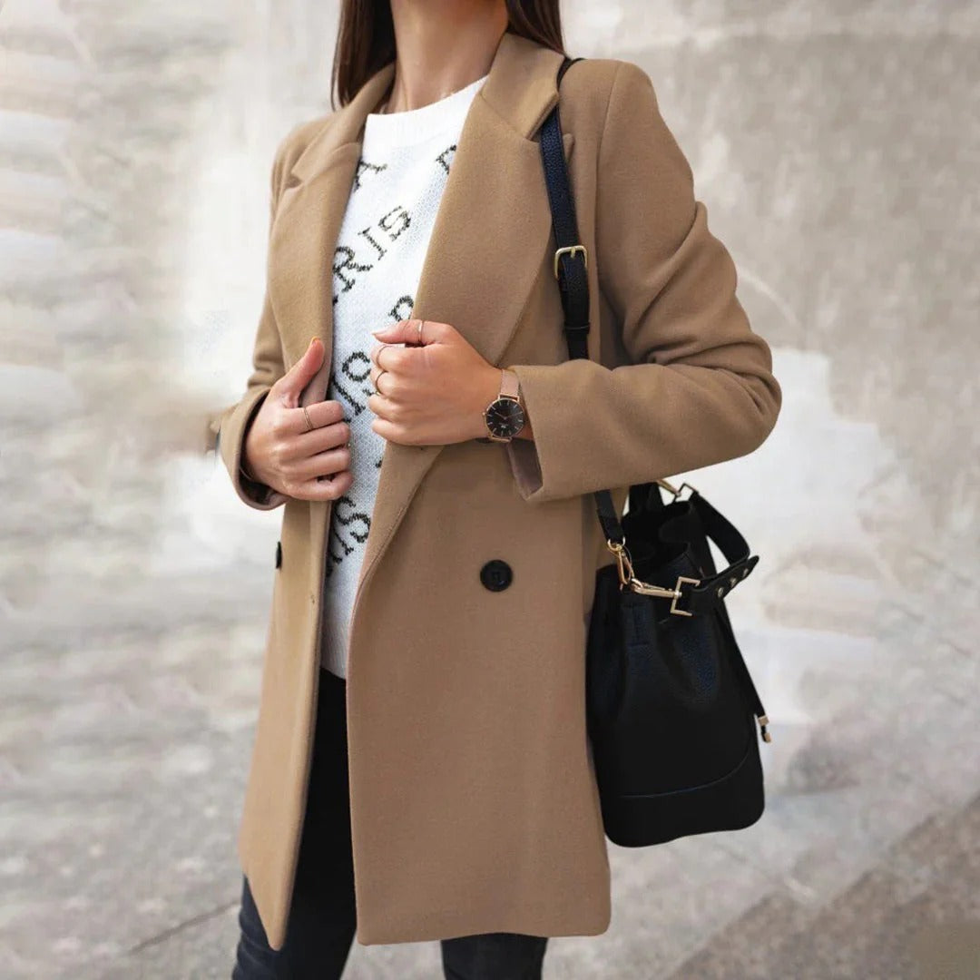 Women's wool blend long coat tailored fit notched lapel single breasted timeless elegant outerwear