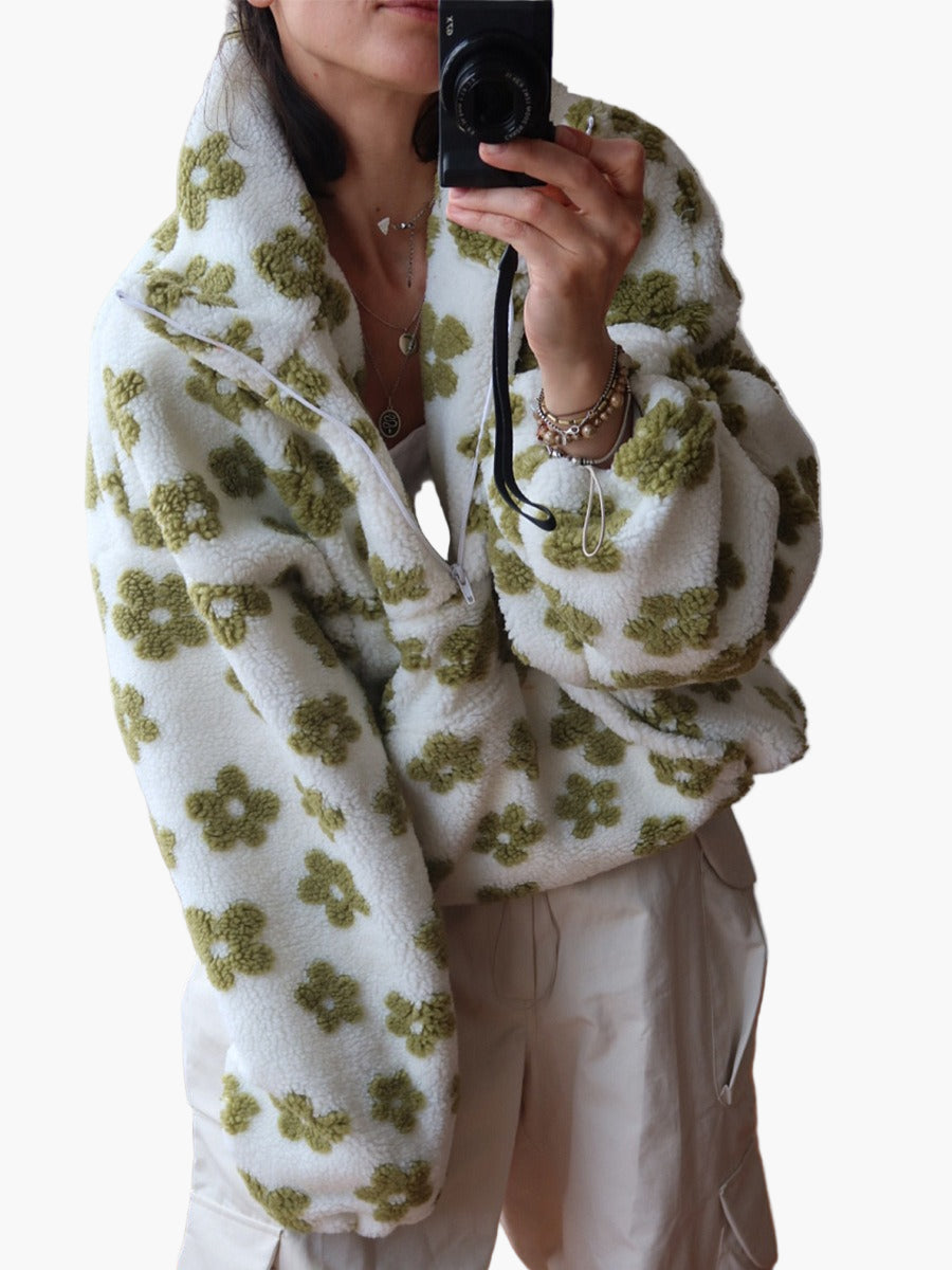 Women's teddy fleece pullover sweater in floral boho print, cozy oversized fit for autumn