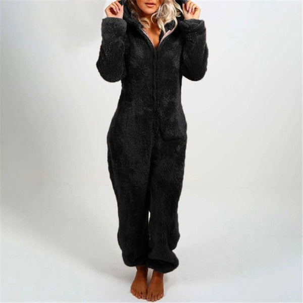 Women's plush fuzzy hooded onesie full-length cozy loungewear relaxed fit fleece sleepwear
