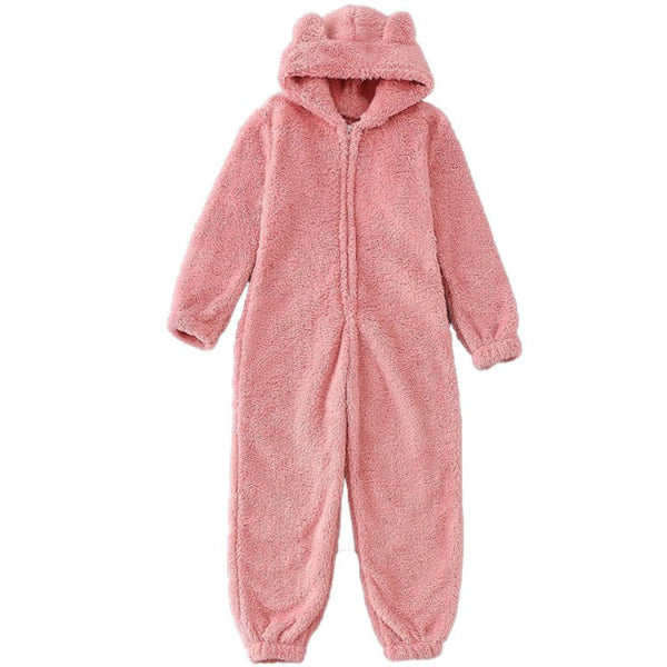 Women's plush fuzzy hooded onesie full-length cozy loungewear relaxed fit fleece sleepwear