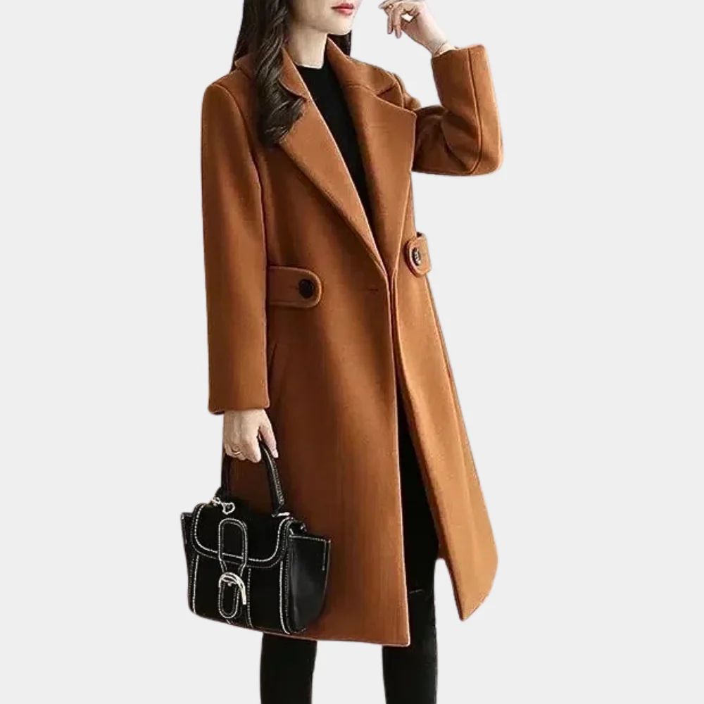 Women's camel wool tailored knee-length coat single-breasted wide lapel professional style
