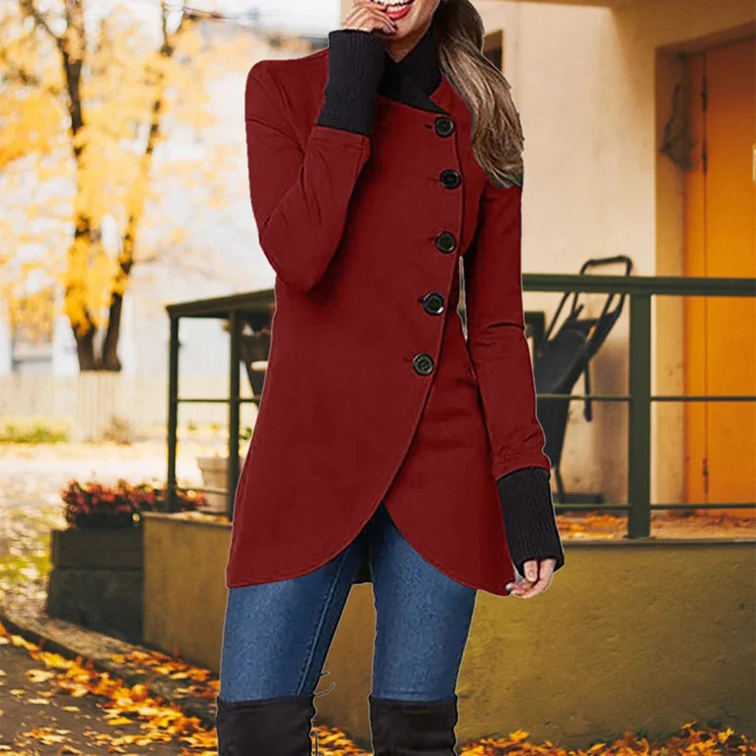 Women's asymmetrical button-up jacket tailored fit high collar mid-thigh length diagonal closure