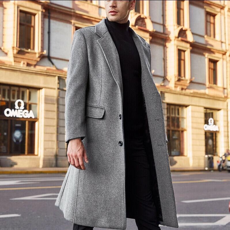 Men's tailored wool-blend long trench coat with wide lapel and hidden buttons, modern Nordisk style