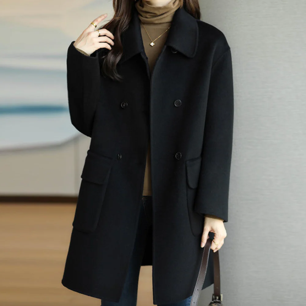 Women's double-breasted wool coat structured fit notched collar professional tailored style