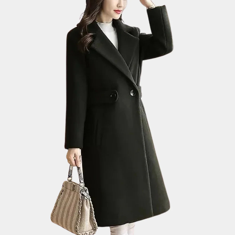 Women's camel wool tailored knee-length coat single-breasted wide lapel professional style