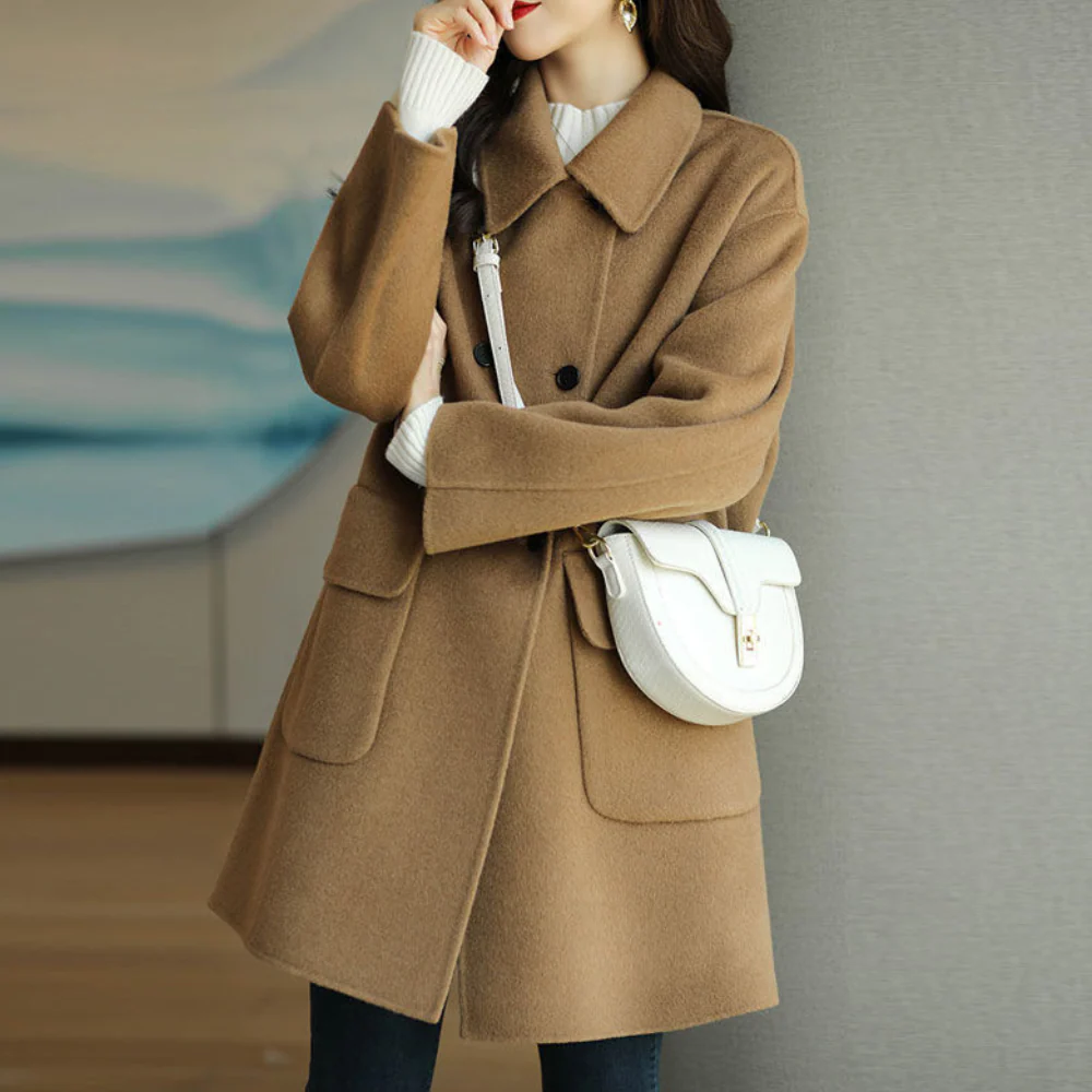 Women's double-breasted wool coat notched collar structured fit professional style camel beige