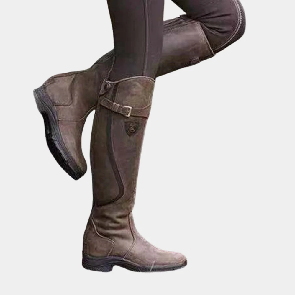Women's knee-high boots slim fit water-resistant suede look with strap buckle detail cool-weather style