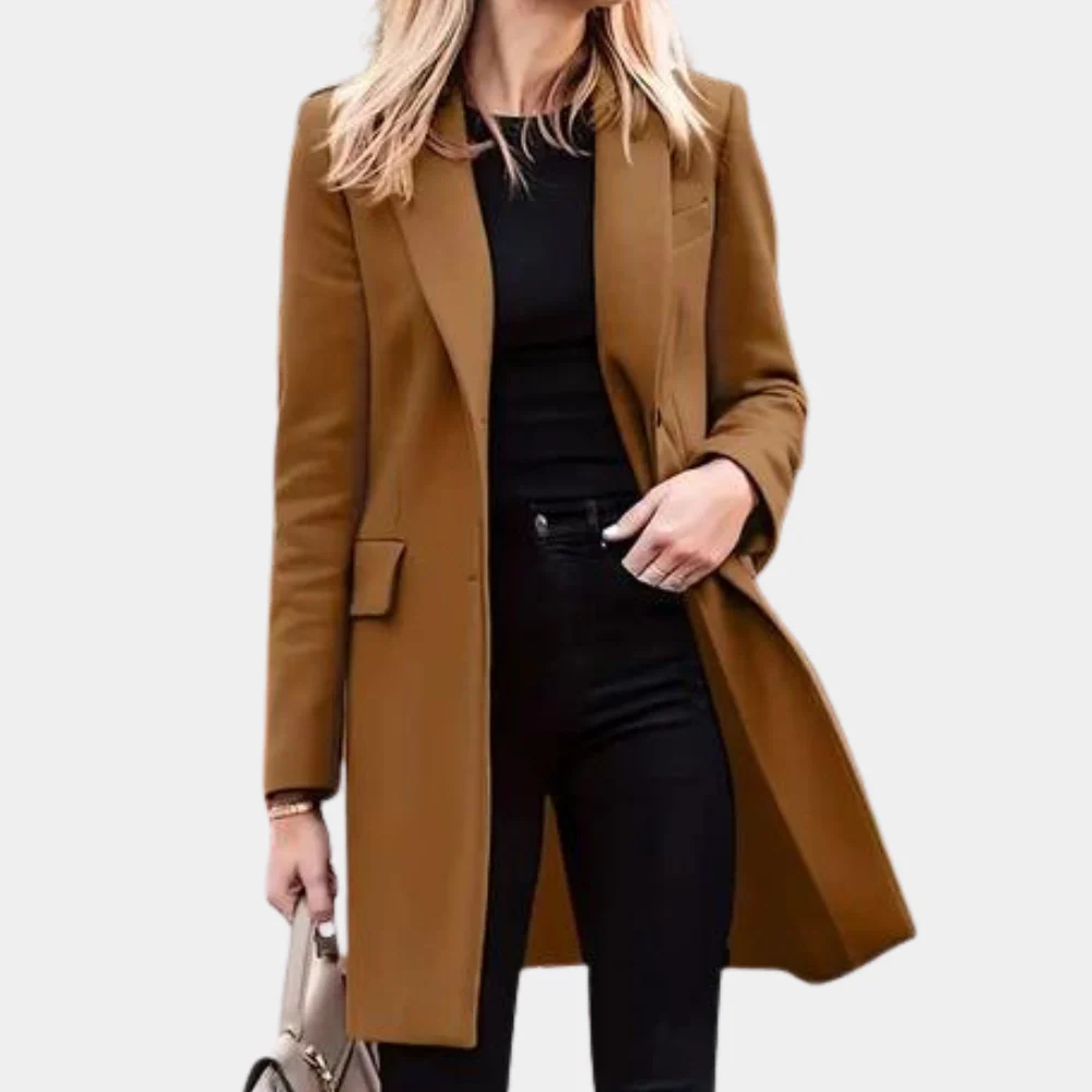 Women beige tailored trench coat structured silhouette lapel collar flap pockets professional style