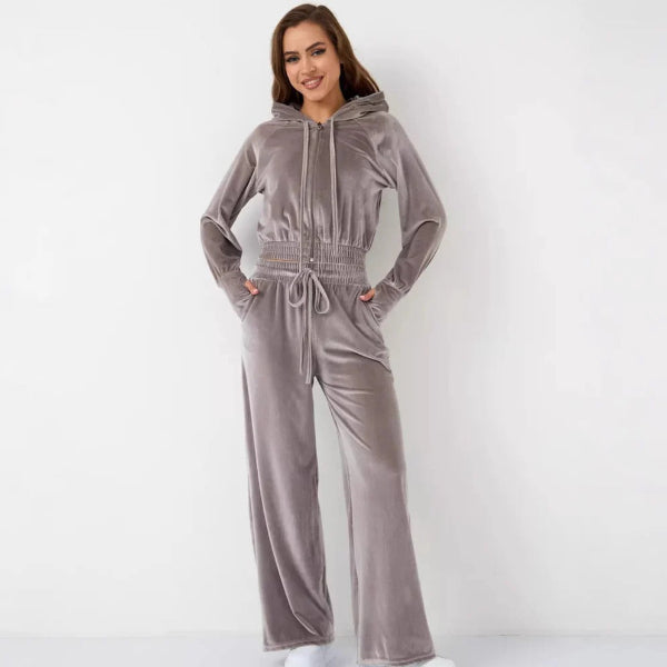 Women's soft fleece loungewear set cozy two-piece hoodie and wide-leg pants with drawstring