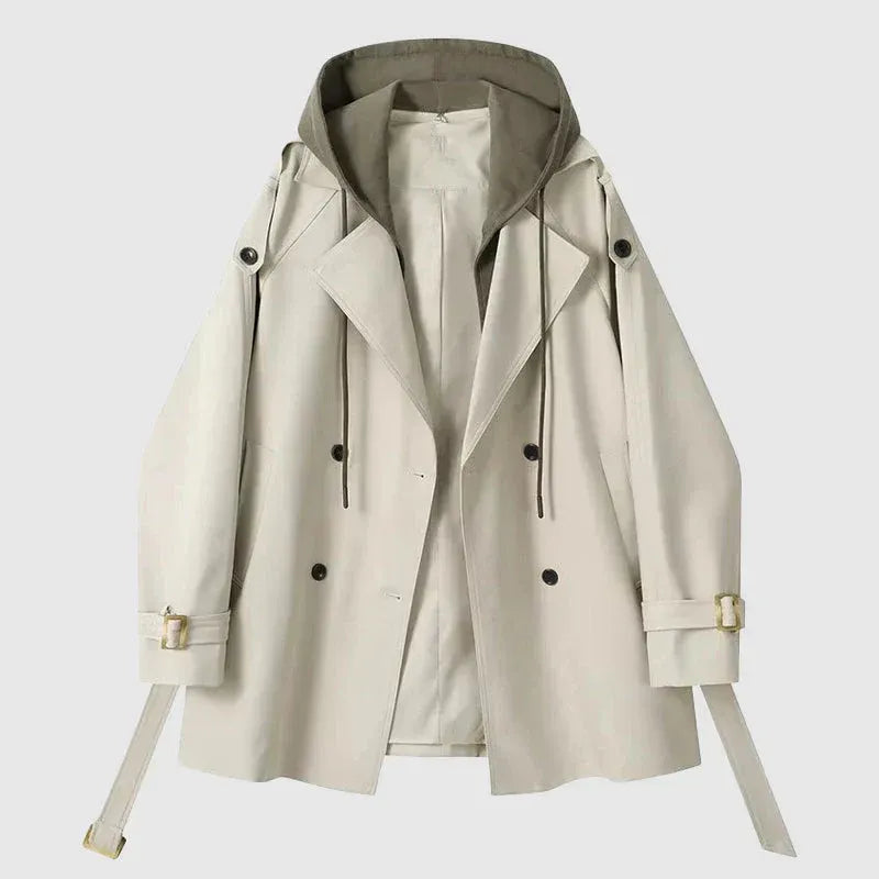 Women's beige oversized hooded trench coat double-breasted belted cotton outerwear relaxed silhouette