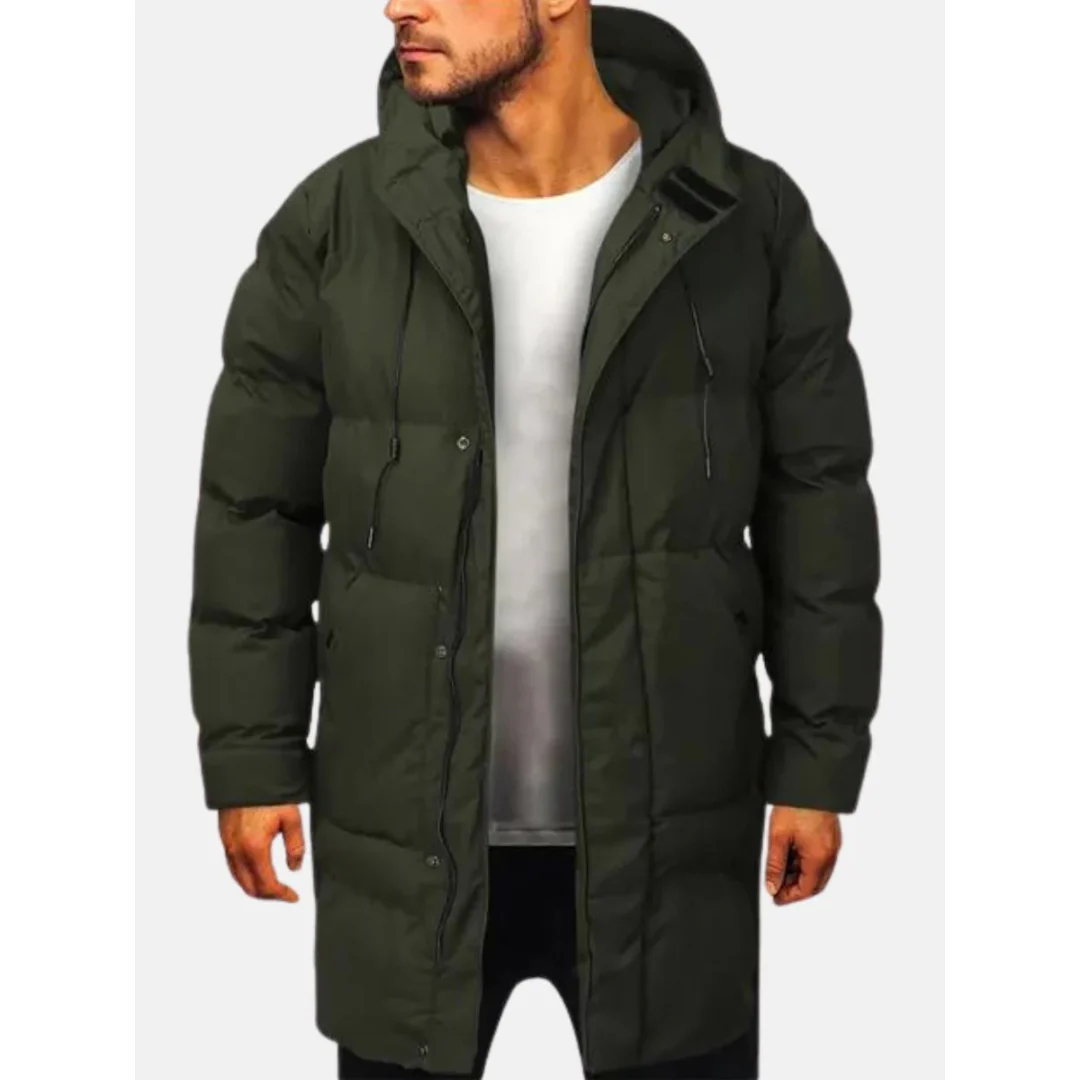 Men's quilted hooded jacket water-resistant knee-length regular fit urban style outerwear