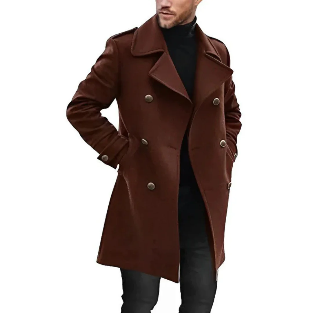 Men's charcoal wool-look double-breasted trench coat tailored mid-length elegant outerwear