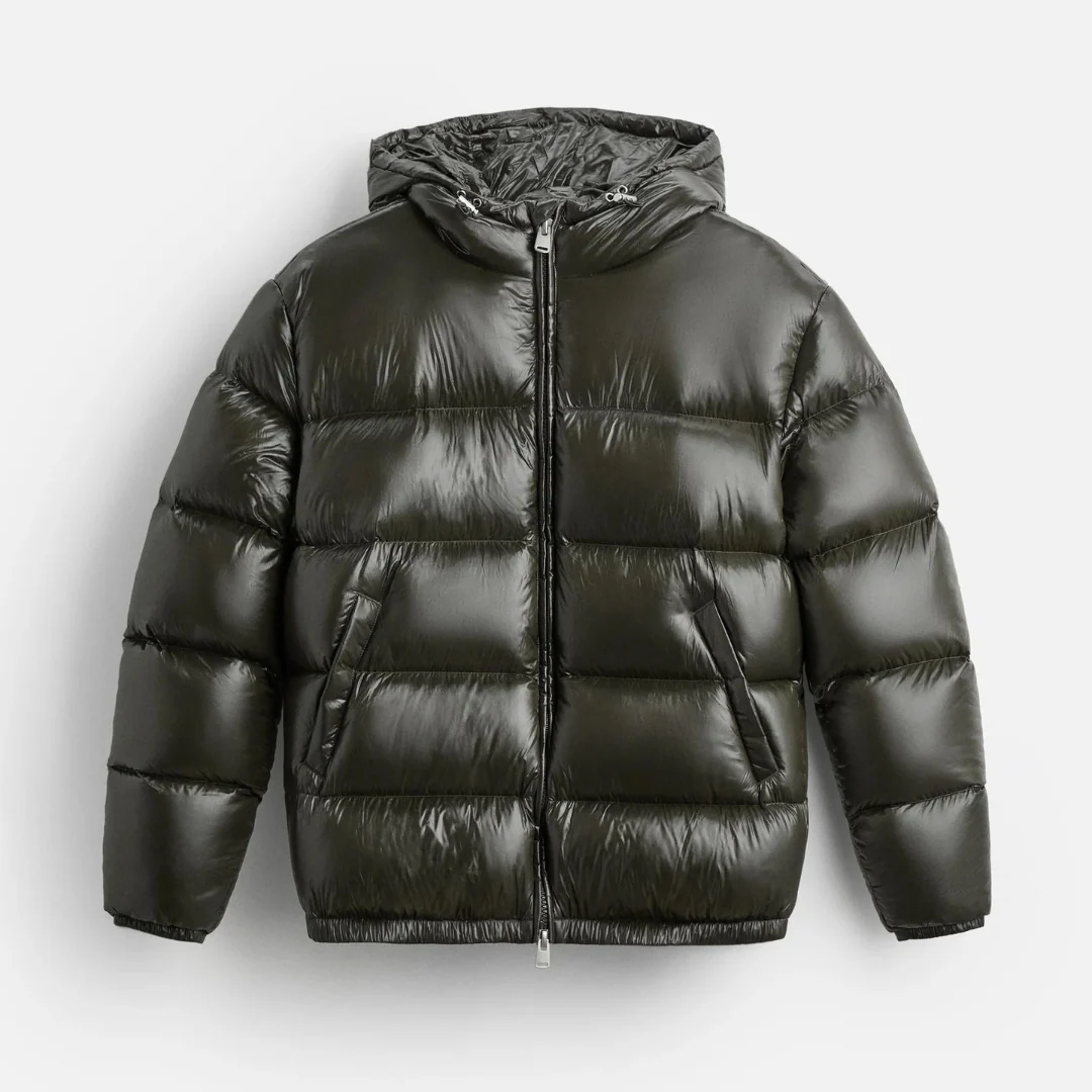 Men's oversized black padded down jacket water-repellent hooded drawstring cold weather