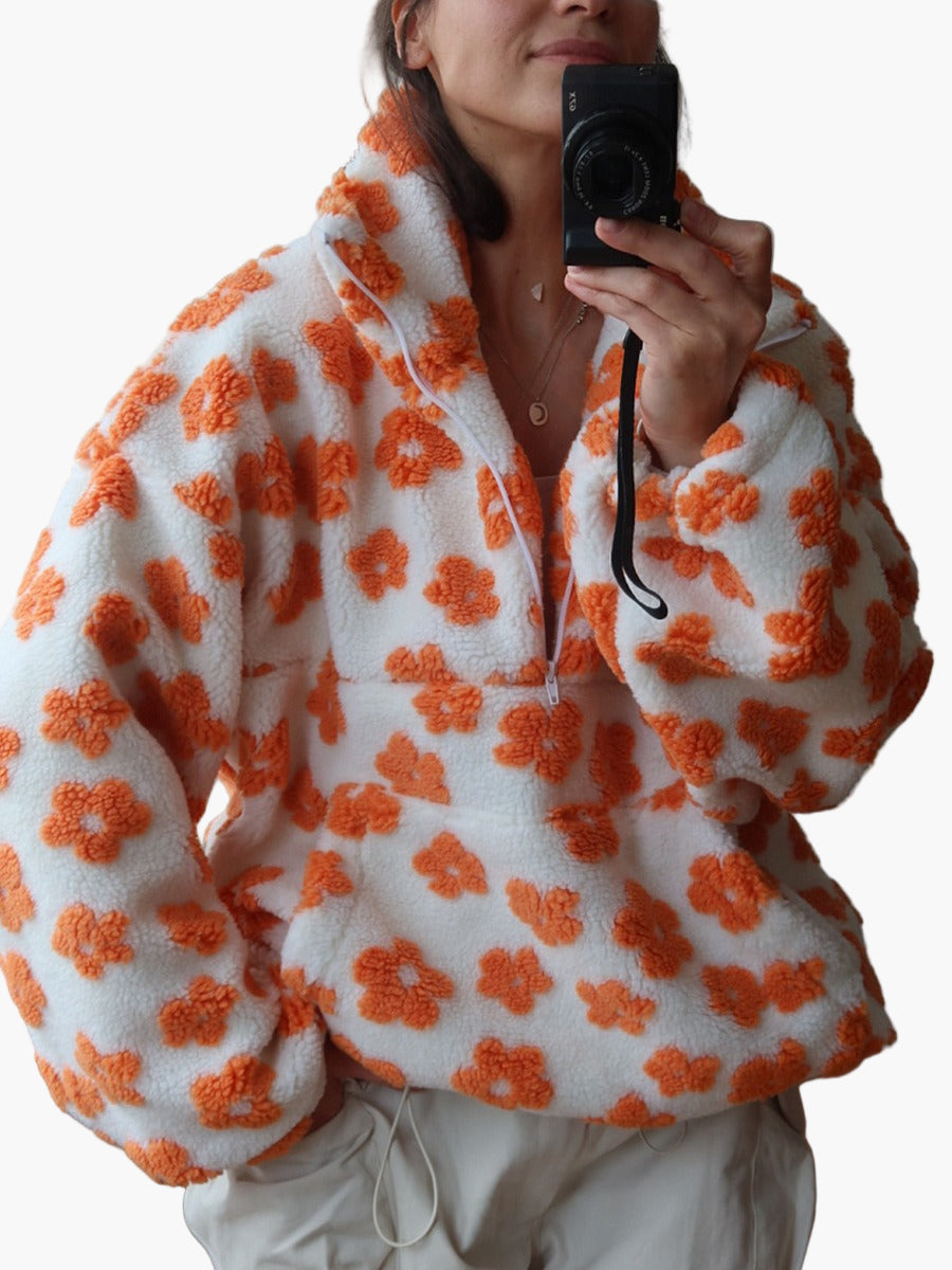 Women's teddy fleece pullover sweater, cozy floral boho print, relaxed fit for autumn warmth
